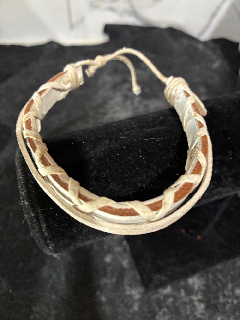Boho Leather Stacked Cord Bracelet Woven Cream Natural Twill Adjustable Unisex